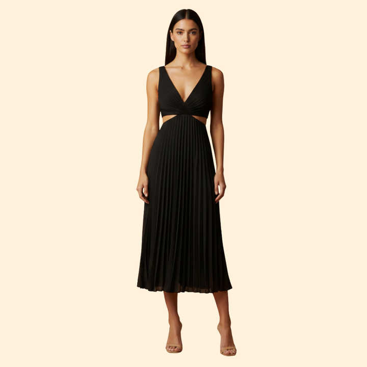 Women's Satin Pleated Dress with V-Neckline