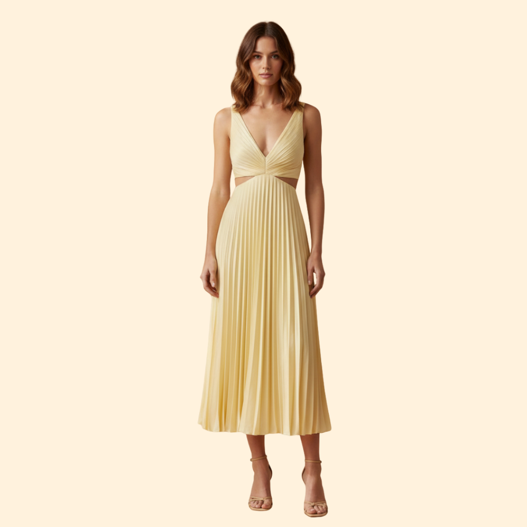 Women's Satin Pleated Dress with V-Neckline