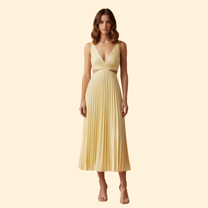 Women's Satin Pleated Dress with V-Neckline