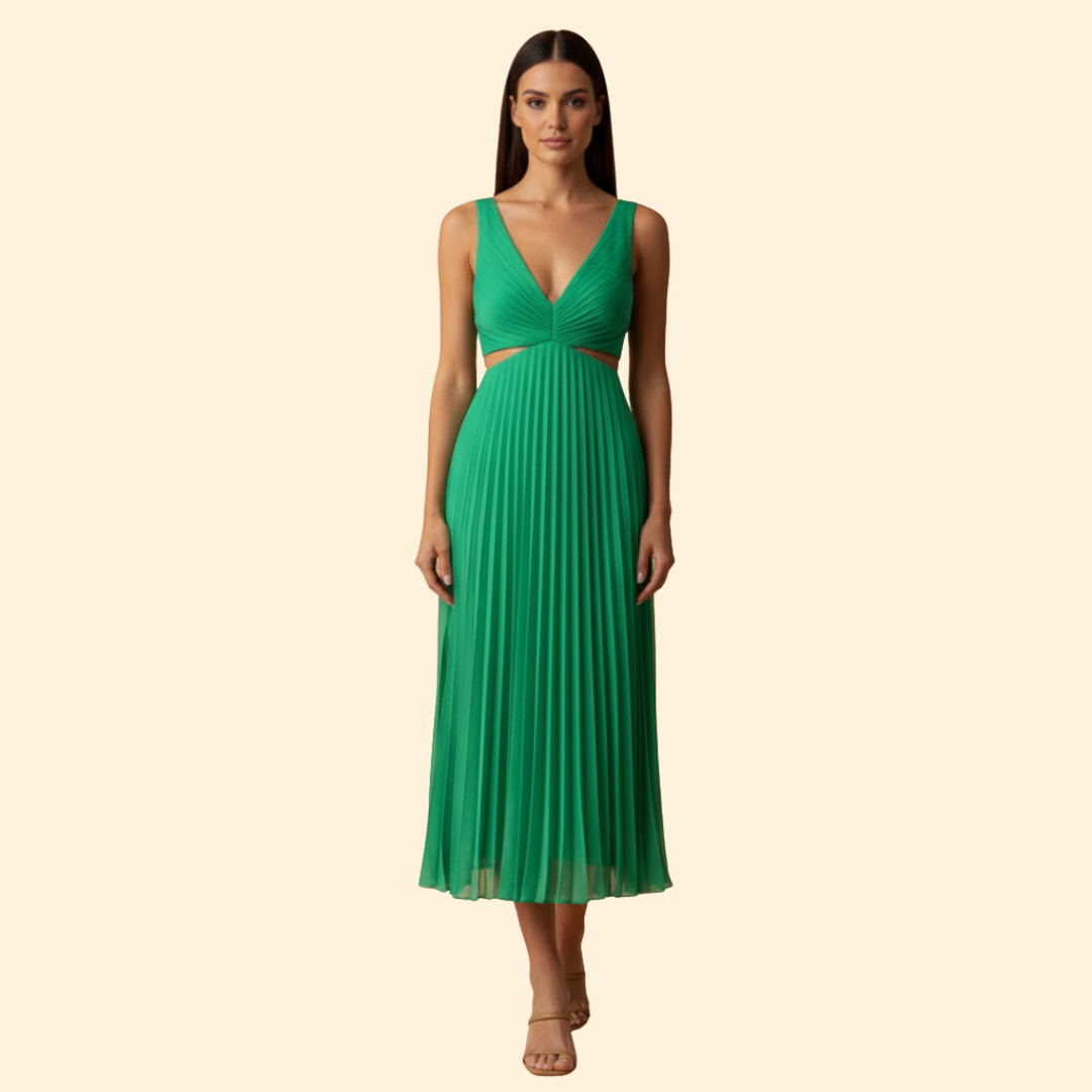 Women's Satin Pleated Dress with V-Neckline