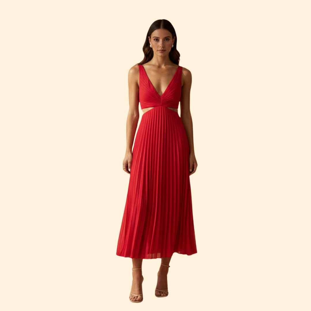 Women's Satin Pleated Dress with V-Neckline