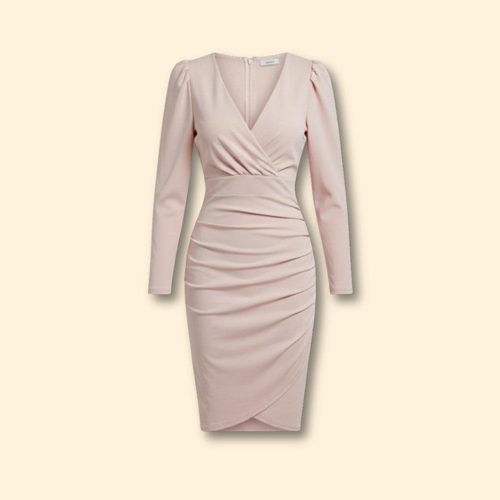Women's V-Neck Bodycon Wedding Guest Dress with Puff Sleeves