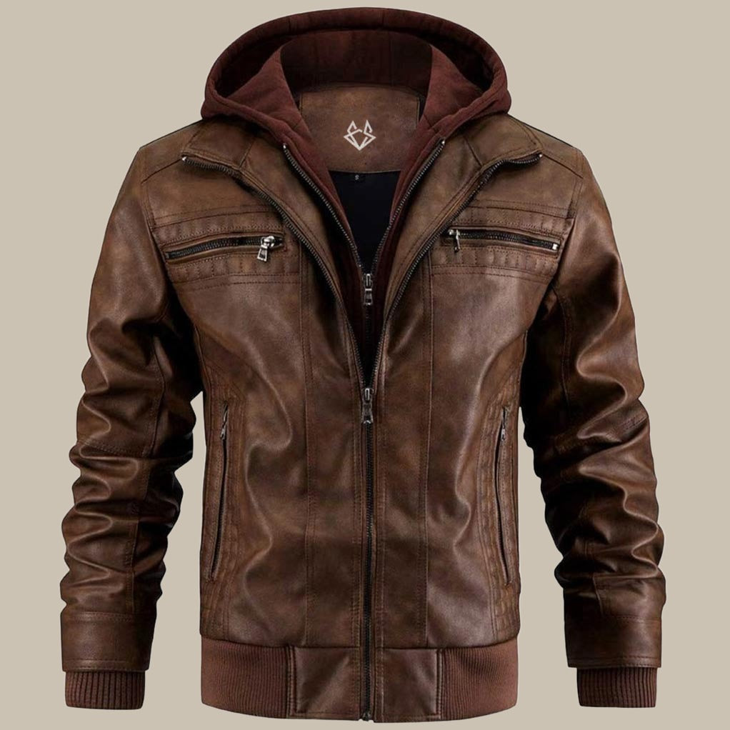 Men's Hooded Leather Jacket with Front Zip Pockets