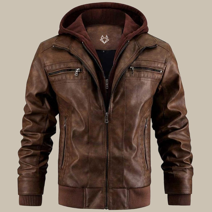 Men's Hooded Leather Jacket with Front Zip Pockets