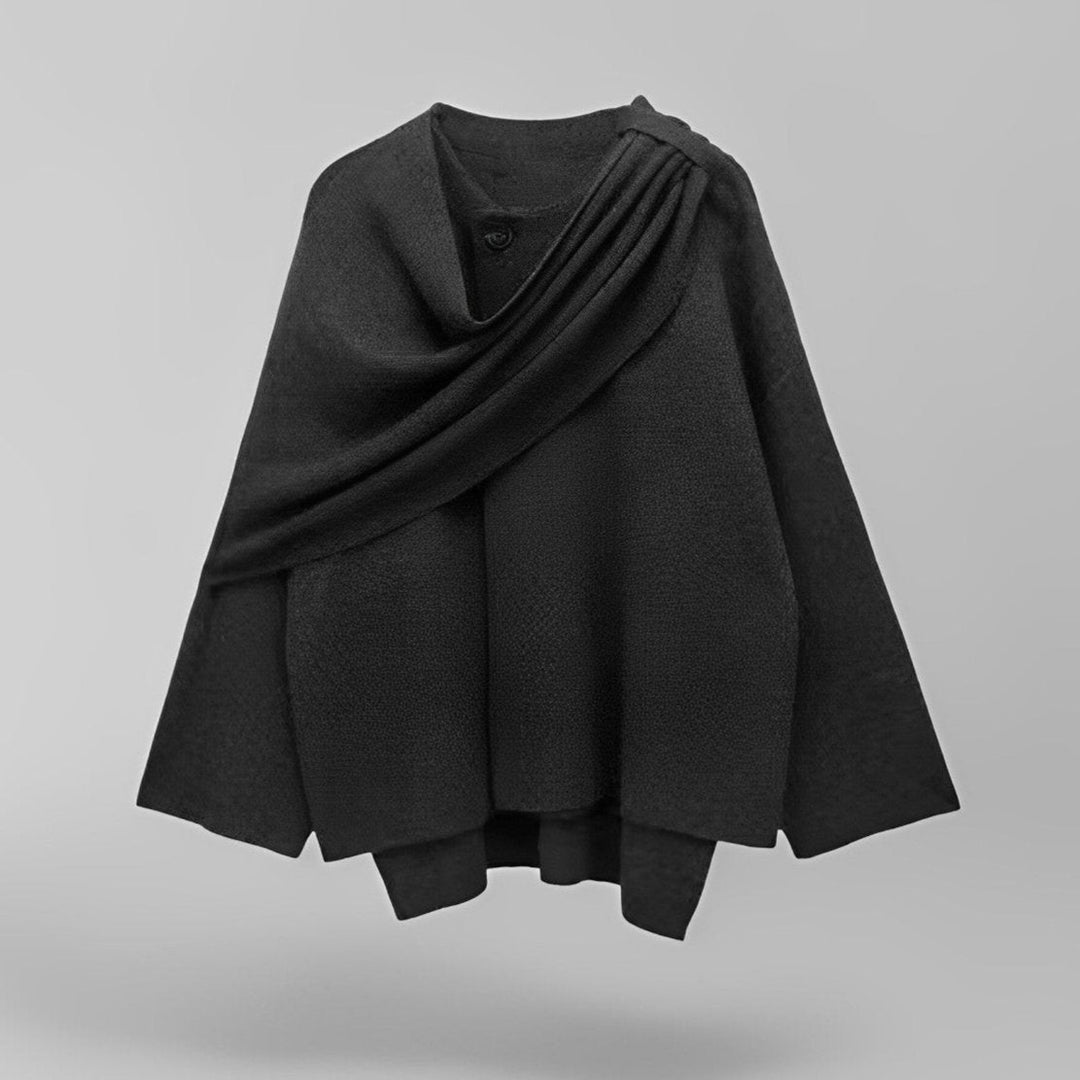 Draped Cape Coat with Open Sides and Stand Collar