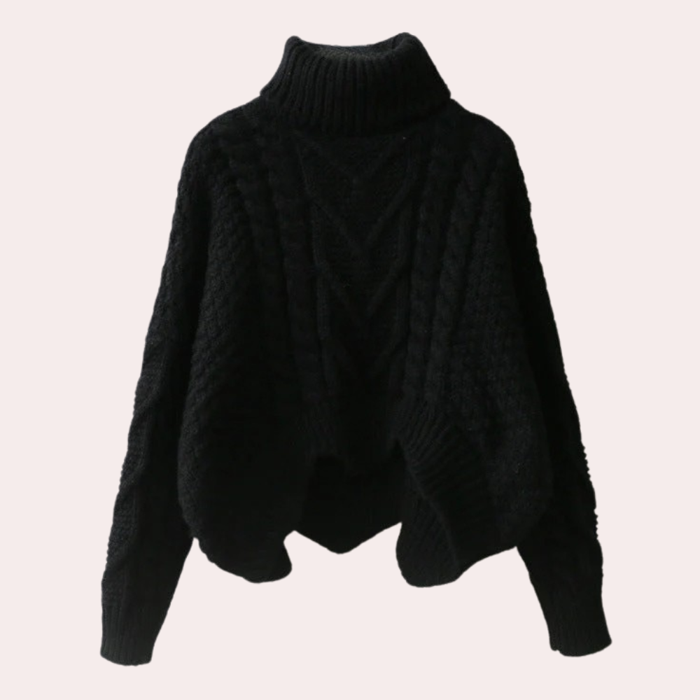 Women's Cable Turtleneck Sweater with Asymmetric Hem