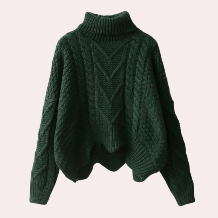 Women's Cable Turtleneck Sweater with Asymmetric Hem