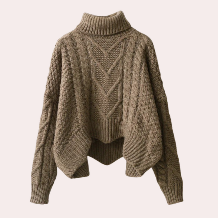Women's Cable Turtleneck Sweater with Asymmetric Hem