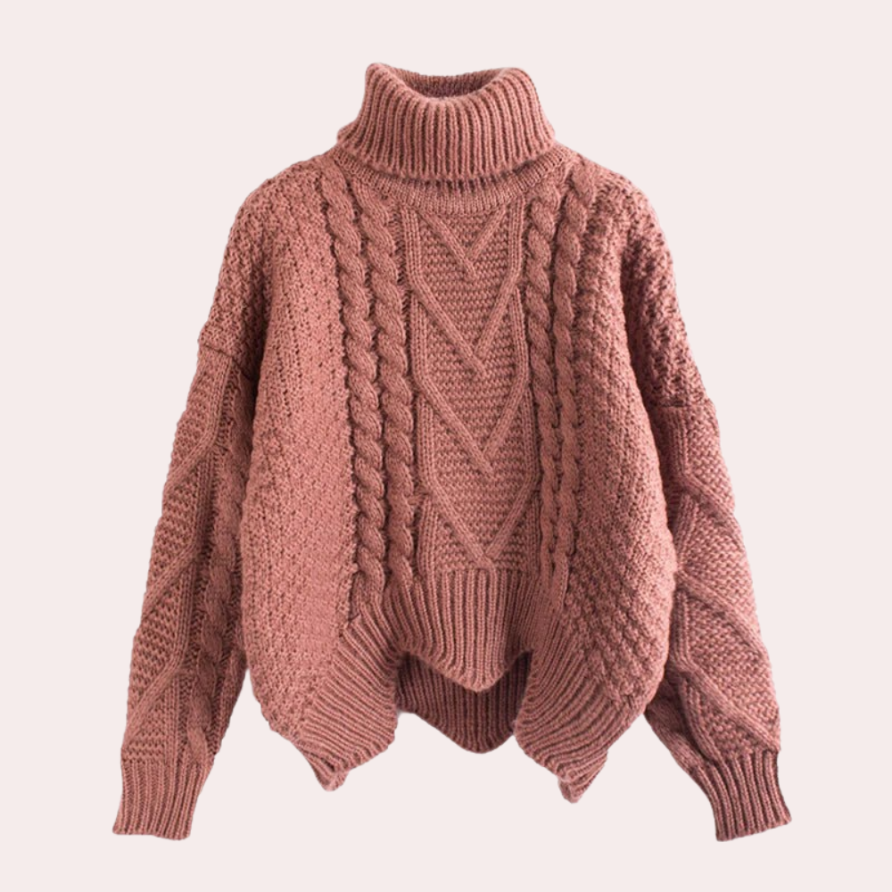 Women's Cable Turtleneck Sweater with Asymmetric Hem
