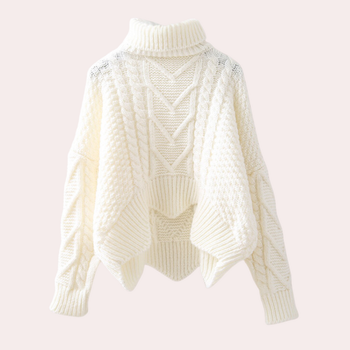 Women's Cable Turtleneck Sweater with Asymmetric Hem